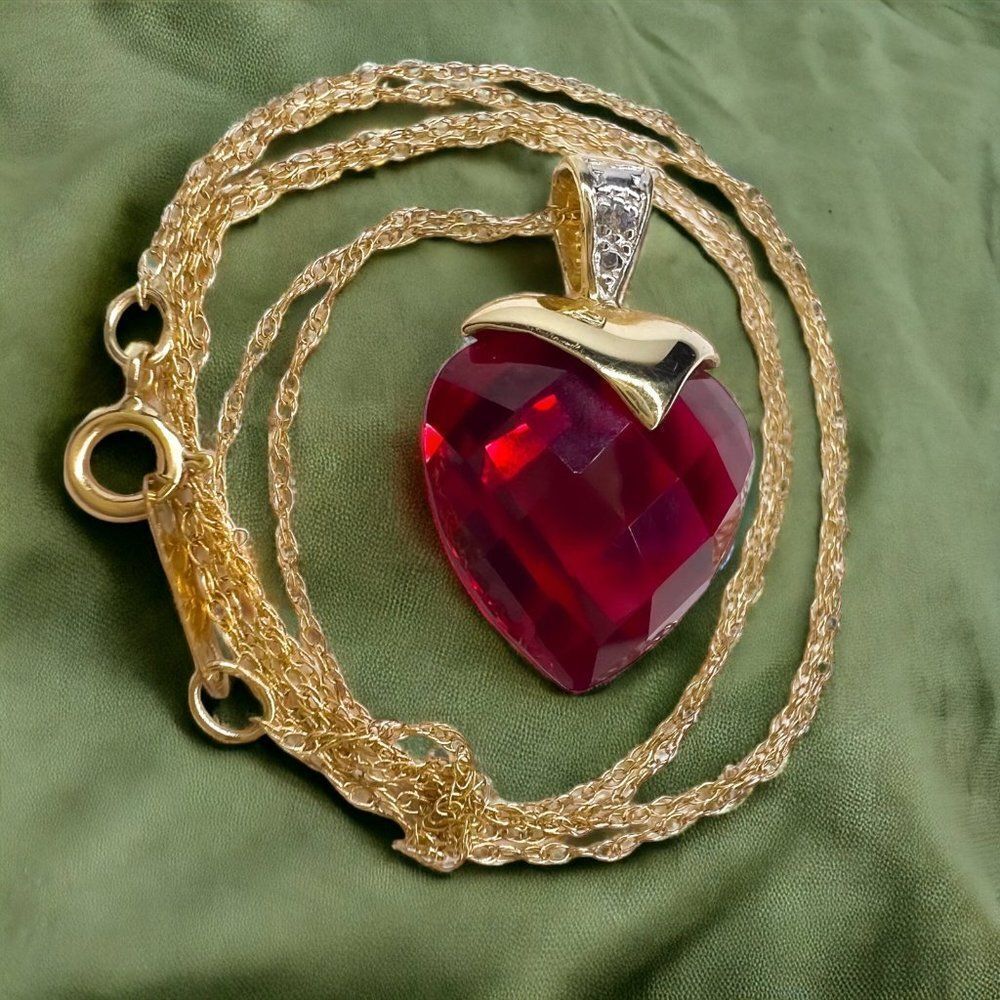 10k Yellow Gold Ruby Diamond Necklace 16" BIG 13mm Heart Briolette Red Ruby 3.2g